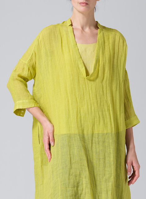 Woven Linen Roll Sleeve Deep V-neck Tunic