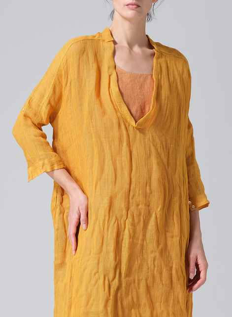 Woven Linen Roll Sleeve Deep V-neck Tunic