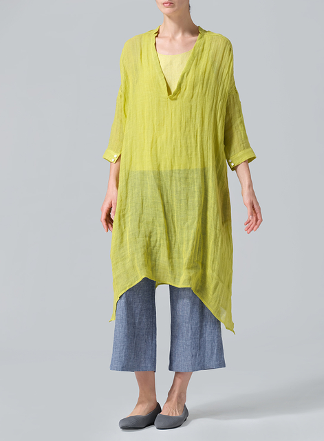 Woven Linen Roll Sleeve Deep V-neck Tunic