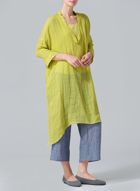 Woven Linen Roll Sleeve Deep V-neck Tunic