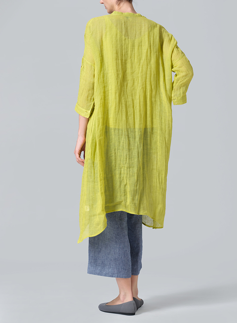 Woven Linen Roll Sleeve Deep V-neck Tunic