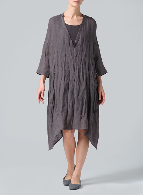 Woven Linen Roll Sleeve Deep V-neck Tunic
