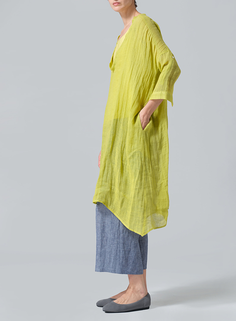 Woven Linen Roll Sleeve Deep V-neck Tunic