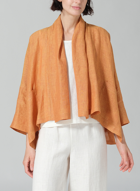 Linen Shawl Collar Open Front Cropped Jacket