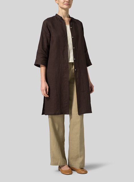 Linen Mandarin Collar Simple Long Blouse