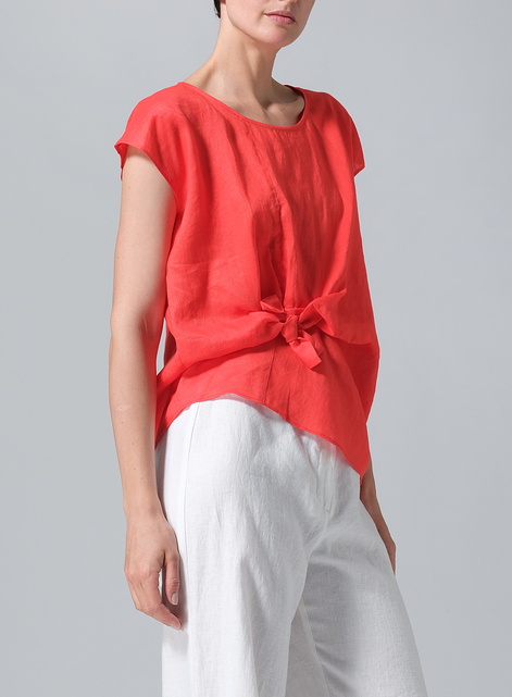 Linen Waist Self-tied Ribbon Top