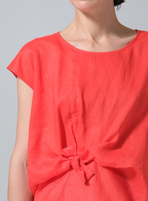 Linen Waist Self-tied Ribbon Top