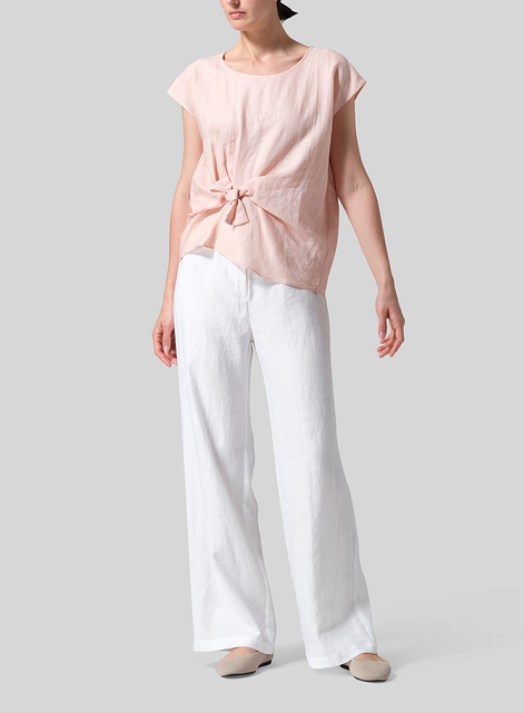 Linen Waist Self-tied Ribbon Top