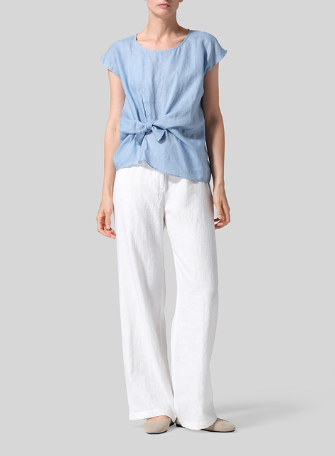 Linen Waist Self-tied Ribbon Top