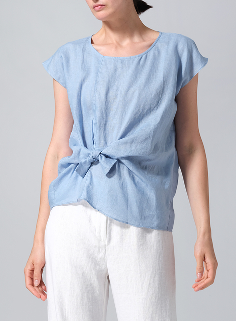 Linen Waist Self-tied Ribbon Top