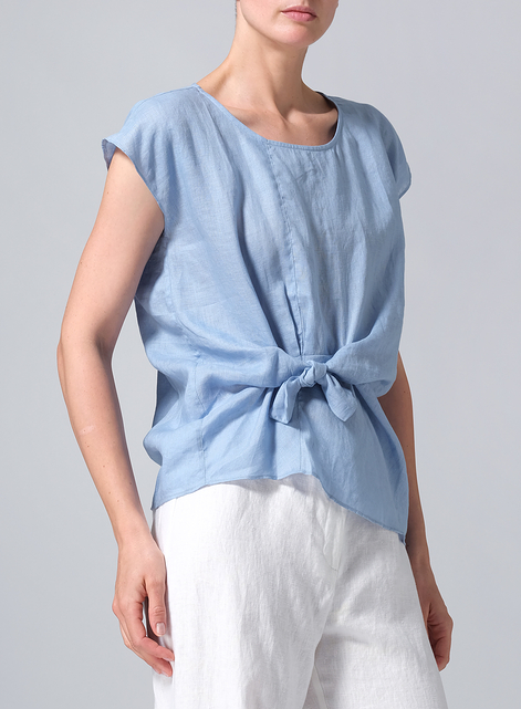 Linen Waist Self-tied Ribbon Top