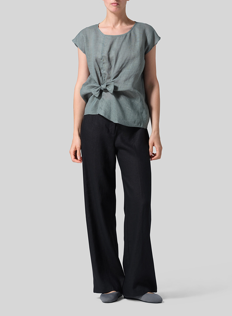 Linen Waist Self-tied Ribbon Top