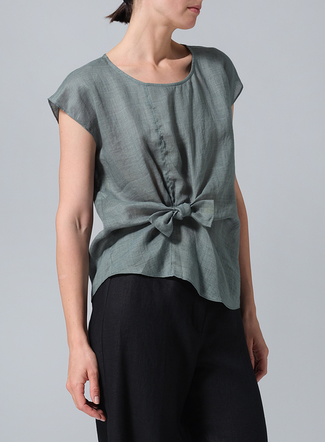 Linen Waist Self-tied Ribbon Top