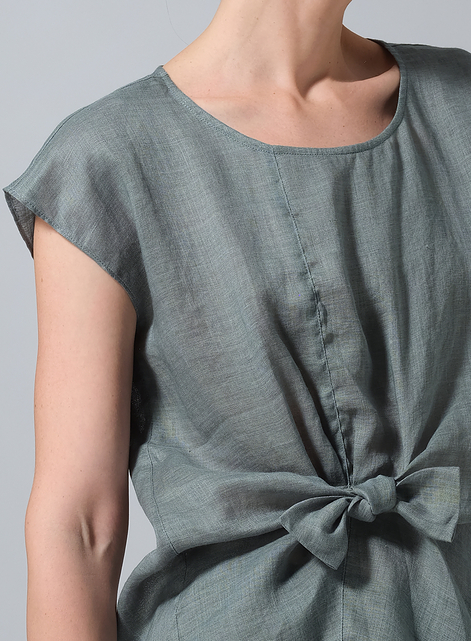 Linen Waist Self-tied Ribbon Top