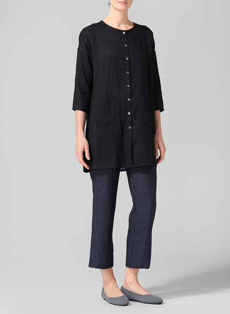 Linen Round Neck Button Front Top