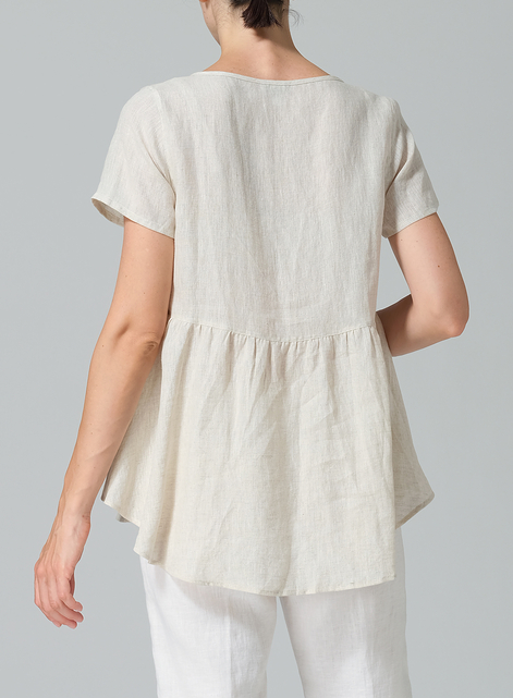 Linen Short Sleeve Pleated Blouse