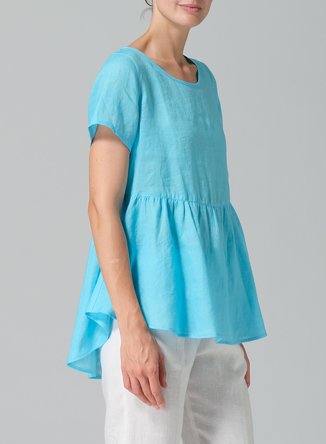 Linen Short Sleeve Pleated Blouse