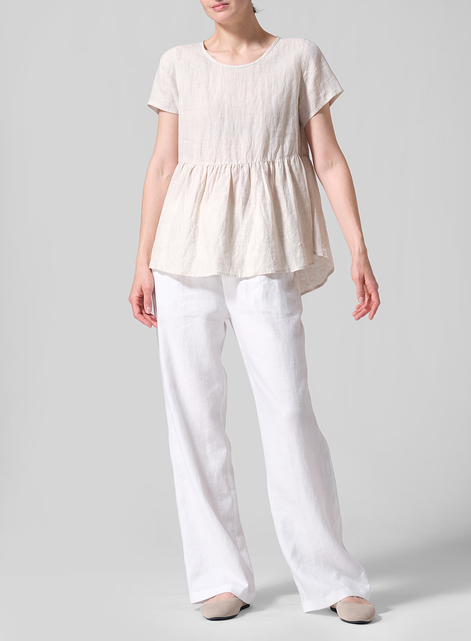 Linen Short Sleeve Pleated Blouse