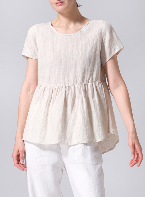 Linen Short Sleeve Pleated Blouse