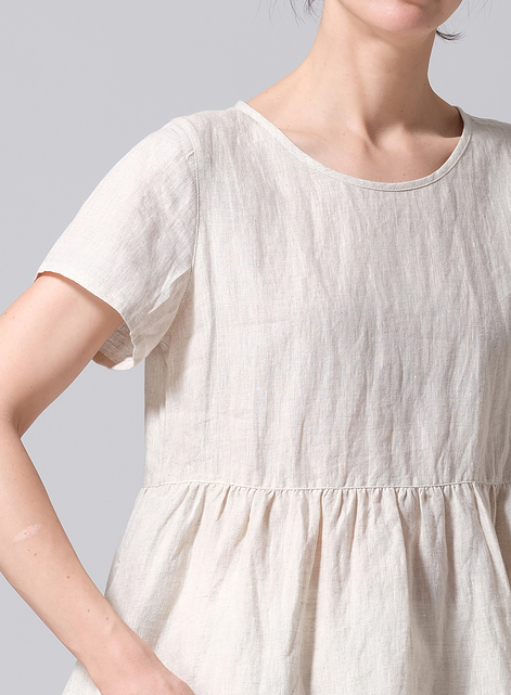 Linen Short Sleeve Pleated Blouse