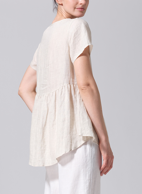 Linen Short Sleeve Pleated Blouse