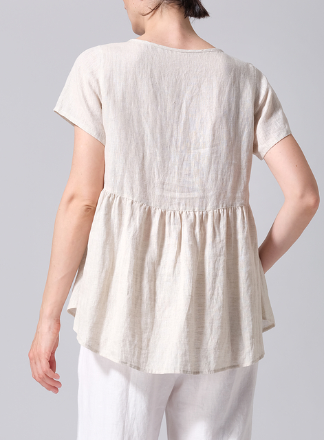 Linen Short Sleeve Pleated Blouse