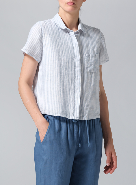 Linen Short Sleeve Mini-point Collar Shirt
