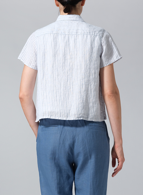 Linen Short Sleeve Mini-point Collar Shirt