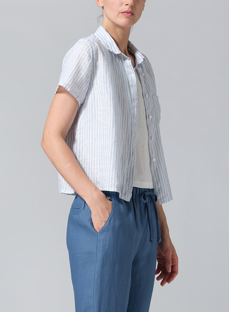 Linen Short Sleeve Mini-point Collar Shirt