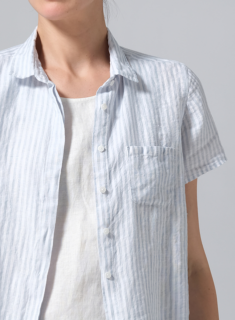 Linen Short Sleeve Mini-point Collar Shirt