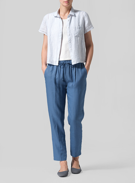 Linen Short Sleeve Mini-point Collar Shirt