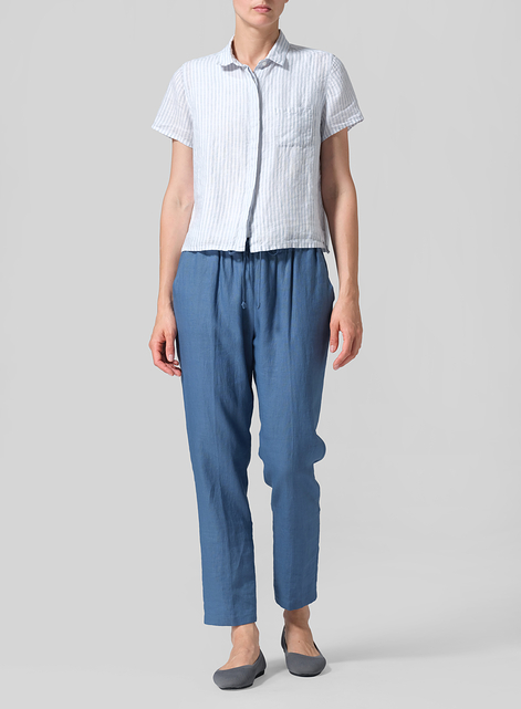 Linen Short Sleeve Mini-point Collar Shirt