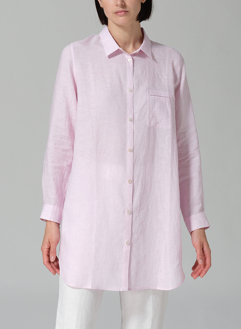 Linen L/S Solid Basic Button Front Long Blouse