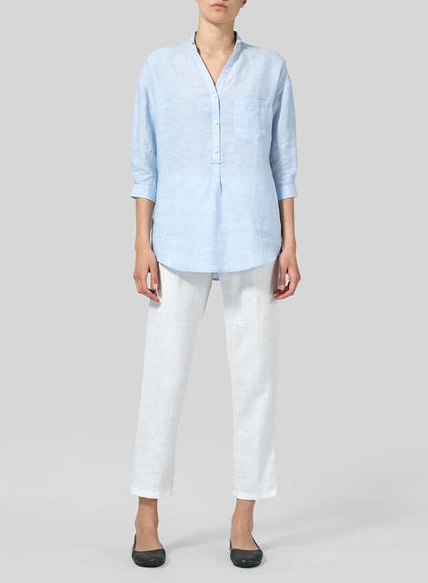 Linen Blouse With V-neck Mandarin Collar