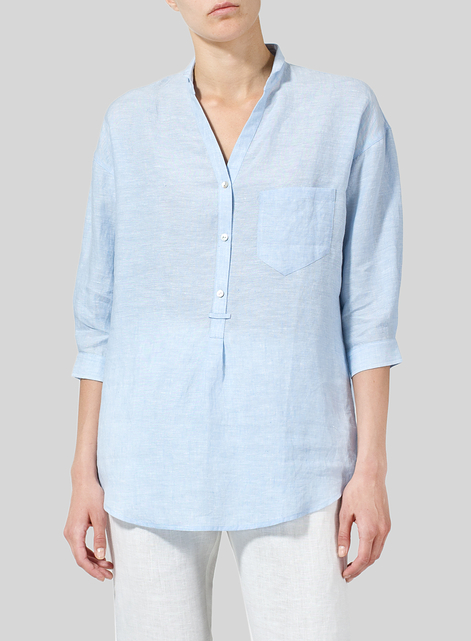 Linen Blouse With V-neck Mandarin Collar