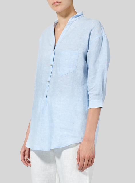 Linen Blouse With V-neck Mandarin Collar