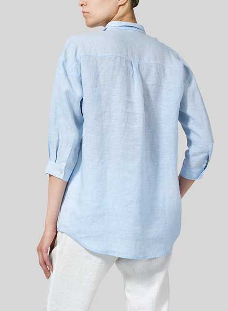 Linen Blouse With V-neck Mandarin Collar