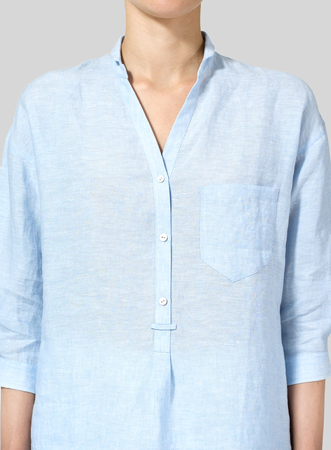 Linen Blouse With V-neck Mandarin Collar