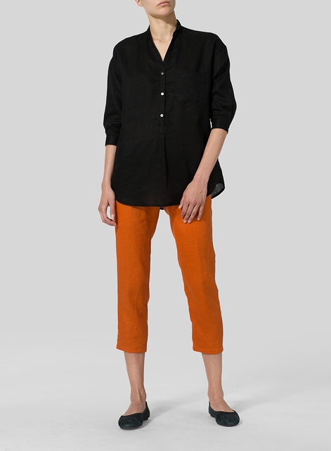 Linen Blouse With V-neck Mandarin Collar