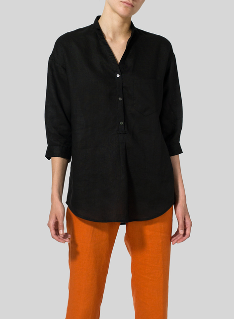 Linen Blouse With V-neck Mandarin Collar