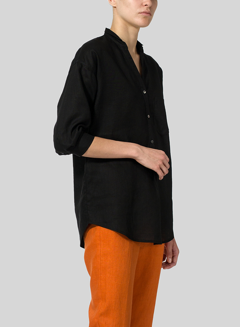 Linen Blouse With V-neck Mandarin Collar