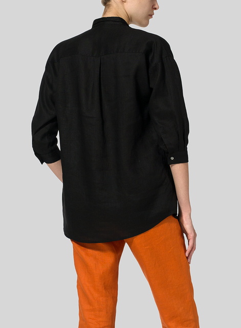 Linen Blouse With V-neck Mandarin Collar