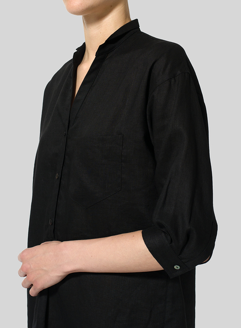 Linen Blouse With V-neck Mandarin Collar