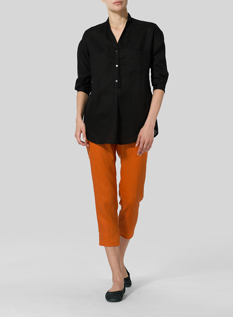 Linen Blouse With V-neck Mandarin Collar