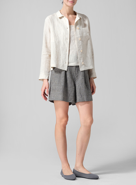 Linen Cropped Shirt Jacket with Pockets