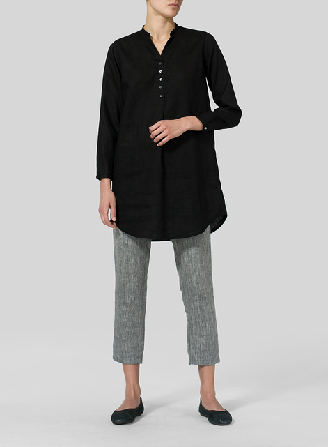 Linen Long Blouse With V-neck Mandarin Collar