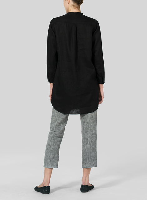 Linen Long Blouse With V-neck Mandarin Collar