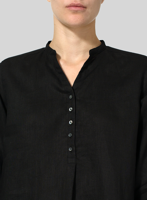 Linen Long Blouse With V-neck Mandarin Collar