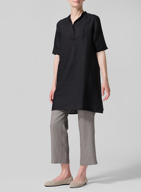 Linen A-line Tunic With Double-layer Collar