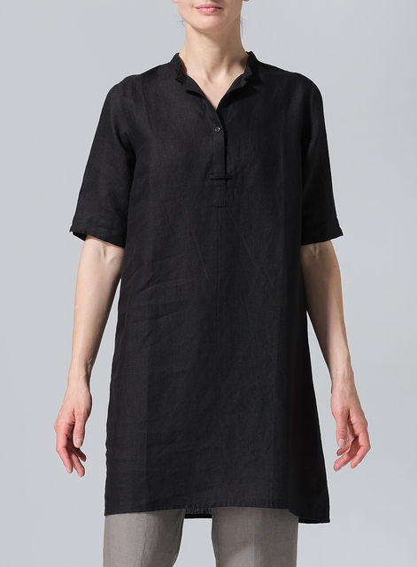 Linen A-line Tunic With Double-layer Collar